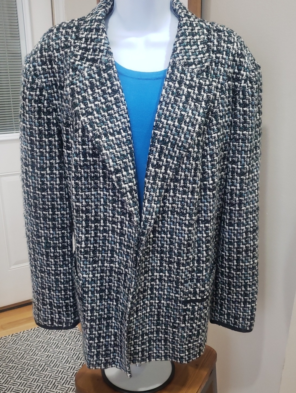 Worthington Woman, Black, White & Teal Tweed Blazer Jacket, 24W